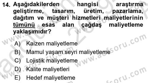 Lojistik Maliyetleri ve Raporlama 1 Dersi Ara Sınavı Deneme Sınav Soruları 14. Soru