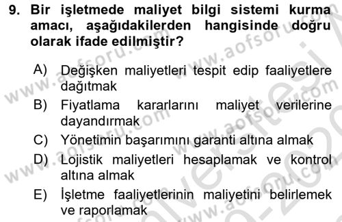 Lojistik Maliyetleri ve Raporlama 1 Dersi 2019 - 2020 Yılı (Final) Dönem Sonu Sınav Soruları 9. Soru