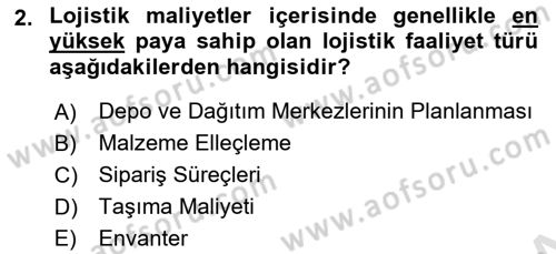 Lojistik Maliyetleri ve Raporlama 1 Dersi 2020 - 2021 Yılı Yaz Okulu Sınav Soruları 2. Soru
