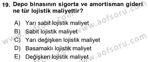 Lojistik Maliyetleri ve Raporlama 1 Dersi Ara Sınavı Deneme Sınav Soruları 19. Soru