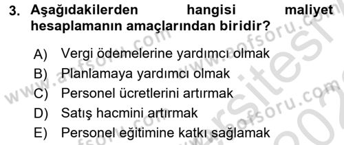 Lojistik Maliyetleri ve Raporlama 1 Dersi Ara Sınavı Deneme Sınav Soruları 3. Soru