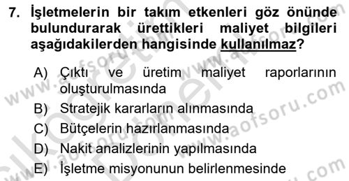 Lojistik Maliyetleri ve Raporlama 1 Dersi Ara Sınavı Deneme Sınav Soruları 7. Soru