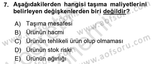 Lojistik Maliyetleri ve Raporlama 1 Dersi 2022 - 2023 Yılı (Final) Dönem Sonu Sınav Soruları 7. Soru