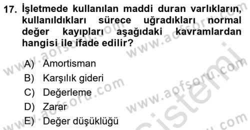 Lojistik Maliyetleri ve Raporlama 1 Dersi 2022 - 2023 Yılı Yaz Okulu Sınav Soruları 17. Soru