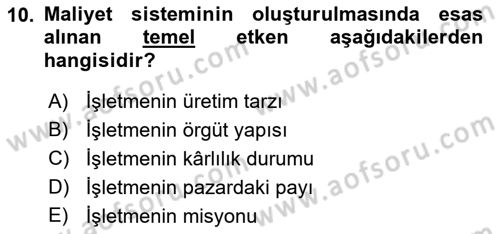 Lojistik Maliyetleri ve Raporlama 1 Dersi 2023 - 2024 Yılı (Vize) Ara Sınav Soruları 10. Soru