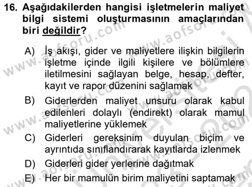 Lojistik Maliyetleri ve Raporlama 1 Dersi 2023 - 2024 Yılı (Final) Dönem Sonu Sınav Soruları 16. Soru