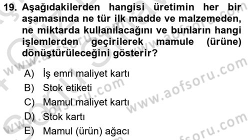 Lojistik Maliyetleri ve Raporlama 1 Dersi 2023 - 2024 Yılı (Final) Dönem Sonu Sınav Soruları 19. Soru