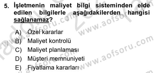 Lojistik Maliyetleri ve Raporlama 1 Dersi 2023 - 2024 Yılı Yaz Okulu Sınav Soruları 5. Soru