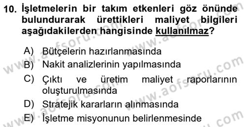 Lojistik Maliyetleri ve Raporlama 1 Dersi Ara Sınavı Deneme Sınav Soruları 10. Soru