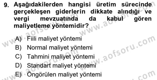 Lojistik Maliyetleri ve Raporlama 1 Dersi Ara Sınavı Deneme Sınav Soruları 9. Soru