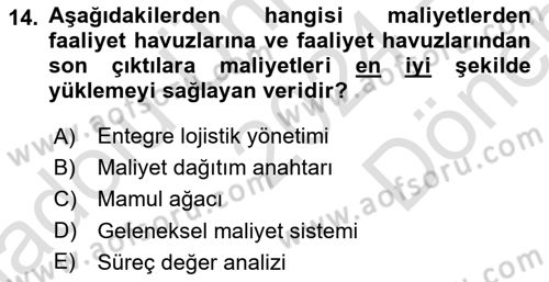 Lojistik Maliyetleri ve Raporlama 1 Dersi 2024 - 2025 Yılı (Final) Dönem Sonu Sınav Soruları 14. Soru