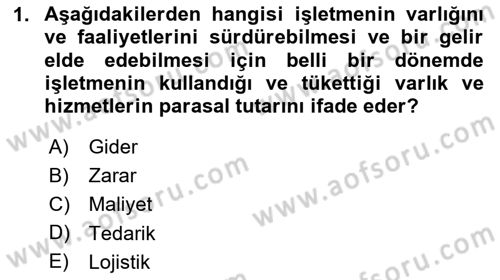 Lojistik Maliyetleri ve Raporlama 1 Dersi 2025 - 2026 Yılı (Vize) Ara Sınav Soruları 1. Soru