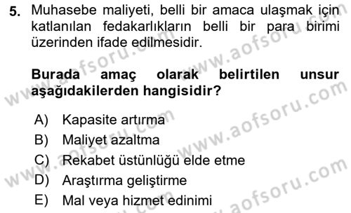 Lojistik Maliyetleri ve Raporlama 1 Dersi 2025 - 2026 Yılı (Vize) Ara Sınav Soruları 5. Soru