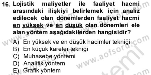 Lojistik Maliyetleri ve Raporlama 2 Dersi 2013 - 2014 Yılı Tek Ders Sınav Soruları 16. Soru