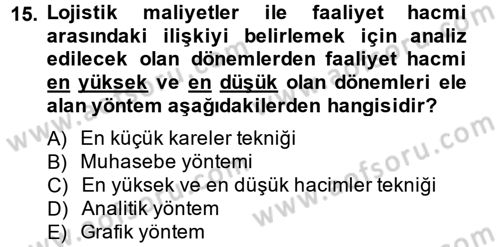 Lojistik Maliyetleri ve Raporlama 2 Dersi 2014 - 2015 Yılı (Final) Dönem Sonu Sınav Soruları 15. Soru