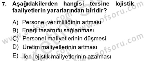 Lojistik Maliyetleri ve Raporlama 2 Dersi 2014 - 2015 Yılı Tek Ders Sınav Soruları 7. Soru