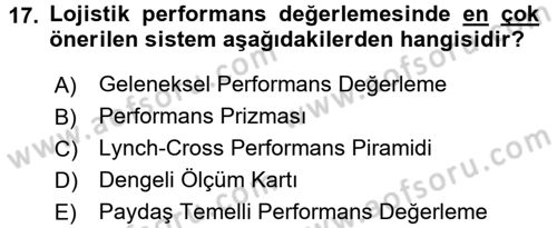 Lojistik Maliyetleri ve Raporlama 2 Dersi 2015 - 2016 Yılı (Final) Dönem Sonu Sınav Soruları 17. Soru