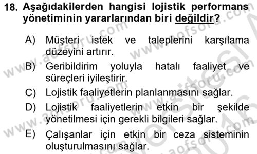 Lojistik Maliyetleri ve Raporlama 2 Dersi 2015 - 2016 Yılı (Final) Dönem Sonu Sınav Soruları 18. Soru