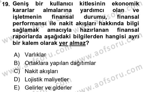 Lojistik Maliyetleri ve Raporlama 2 Dersi 2016 - 2017 Yılı (Vize) Ara Sınav Soruları 19. Soru