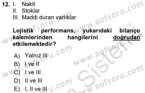 Lojistik Maliyetleri ve Raporlama 2 Dersi 2018 - 2019 Yılı 3 Ders Sınavı 12. Soru