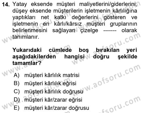 Lojistik Maliyetleri ve Raporlama 2 Dersi 2018 - 2019 Yılı 3 Ders Sınavı 14. Soru