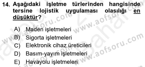 Lojistik Maliyetleri ve Raporlama 2 Dersi 2018 - 2019 Yılı (Vize) Ara Sınav Soruları 14. Soru