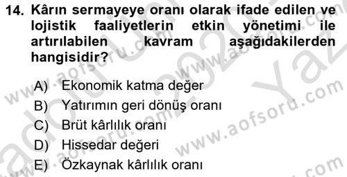 Lojistik Maliyetleri ve Raporlama 2 Dersi 2020 - 2021 Yılı Yaz Okulu Sınav Soruları 14. Soru