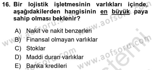 Lojistik Maliyetleri ve Raporlama 2 Dersi 2020 - 2021 Yılı Yaz Okulu Sınav Soruları 16. Soru