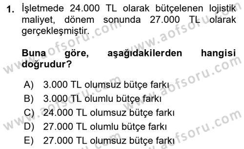 Lojistik Maliyetleri ve Raporlama 2 Dersi 2021 - 2022 Yılı (Vize) Ara Sınav Soruları 1. Soru
