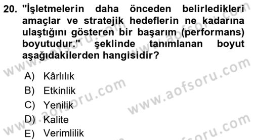 Lojistik Maliyetleri ve Raporlama 2 Dersi 2021 - 2022 Yılı Yaz Okulu Sınav Soruları 20. Soru