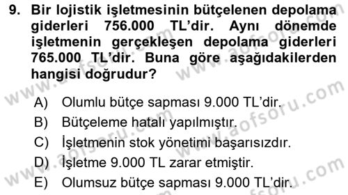 Lojistik Maliyetleri ve Raporlama 2 Dersi 2023 - 2024 Yılı (Vize) Ara Sınav Soruları 9. Soru