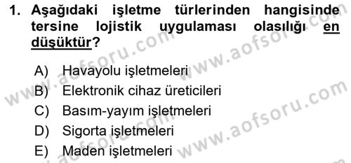 Lojistik Maliyetleri ve Raporlama 2 Dersi 2023 - 2024 Yılı Yaz Okulu Sınav Soruları 1. Soru
