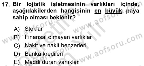 Lojistik Maliyetleri ve Raporlama 2 Dersi 2023 - 2024 Yılı Yaz Okulu Sınav Soruları 17. Soru