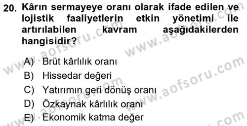 Lojistik Maliyetleri ve Raporlama 2 Dersi 2023 - 2024 Yılı Yaz Okulu Sınav Soruları 20. Soru