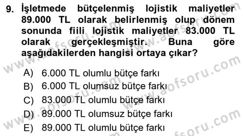 Lojistik Maliyetleri ve Raporlama 2 Dersi 2023 - 2024 Yılı Yaz Okulu Sınav Soruları 9. Soru