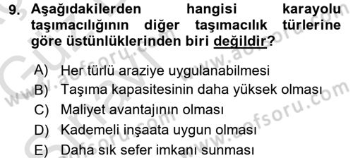 Ulaştırma Sistemleri Dersi 2016 - 2017 Yılı (Vize) Ara Sınav Soruları 9. Soru