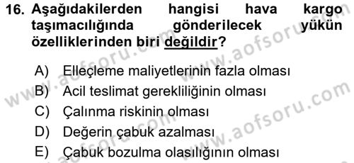 Ulaştırma Sistemleri Dersi 2017 - 2018 Yılı (Vize) Ara Sınav Soruları 16. Soru