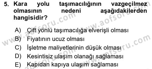 Ulaştırma Sistemleri Dersi 2017 - 2018 Yılı (Vize) Ara Sınav Soruları 5. Soru