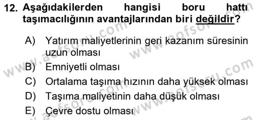 Ulaştırma Sistemleri Dersi 2018 - 2019 Yılı 3 Ders Sınav Soruları 12. Soru