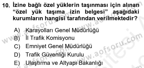 Ulaştırma Sistemleri Dersi 2018 - 2019 Yılı (Vize) Ara Sınav Soruları 10. Soru
