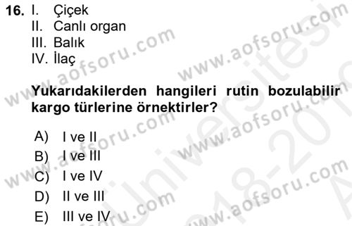 Ulaştırma Sistemleri Dersi 2018 - 2019 Yılı (Vize) Ara Sınavı 16. Soru