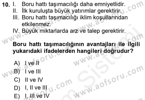 Ulaştırma Sistemleri Dersi 2018 - 2019 Yılı (Final) Dönem Sonu Sınav Soruları 10. Soru