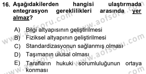 Ulaştırma Sistemleri Dersi 2018 - 2019 Yılı (Final) Dönem Sonu Sınav Soruları 16. Soru