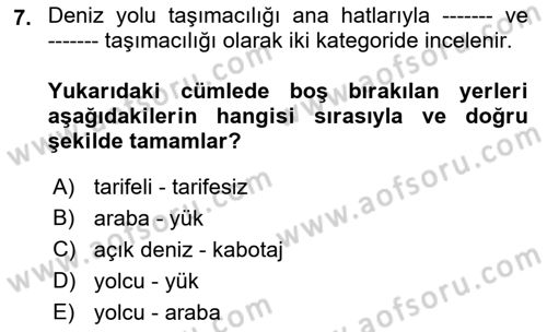 Ulaştırma Sistemleri Dersi 2018 - 2019 Yılı (Final) Dönem Sonu Sınav Soruları 7. Soru