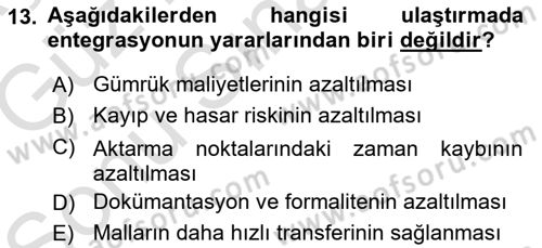 Ulaştırma Sistemleri Dersi 2019 - 2020 Yılı (Final) Dönem Sonu Sınavı 13. Soru