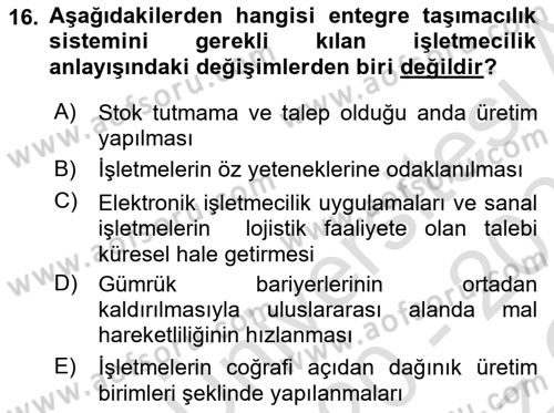 Ulaştırma Sistemleri Dersi 2020 - 2021 Yılı Yaz Okulu Sınav Soruları 16. Soru