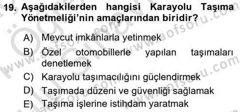Ulaştırma Sistemleri Dersi 2020 - 2021 Yılı Yaz Okulu Sınav Soruları 19. Soru