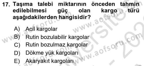 Ulaştırma Sistemleri Dersi 2021 - 2022 Yılı (Vize) Ara Sınav Soruları 17. Soru