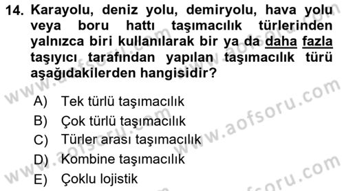 Ulaştırma Sistemleri Dersi 2021 - 2022 Yılı (Final) Dönem Sonu Sınavı 14. Soru