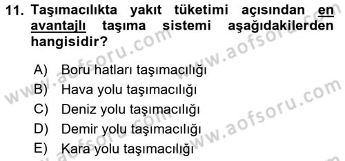 Ulaştırma Sistemleri Dersi 2021 - 2022 Yılı Yaz Okulu Sınavı 11. Soru